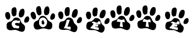 The image shows a row of animal paw prints, each containing a letter. The letters spell out the word Colette within the paw prints.