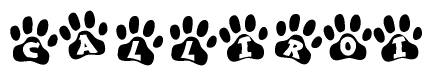 The image shows a row of animal paw prints, each containing a letter. The letters spell out the word Calliroi within the paw prints.