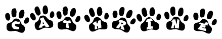The image shows a series of animal paw prints arranged in a horizontal line. Each paw print contains a letter, and together they spell out the word Cathrine.