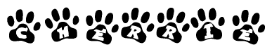 The image shows a series of animal paw prints arranged in a horizontal line. Each paw print contains a letter, and together they spell out the word Cherrie.