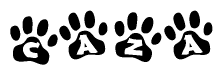 The image shows a series of animal paw prints arranged horizontally. Within each paw print, there's a letter; together they spell Caza