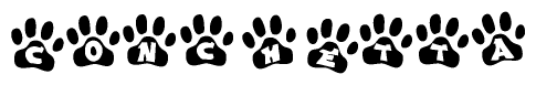 The image shows a series of animal paw prints arranged horizontally. Within each paw print, there's a letter; together they spell Conchetta