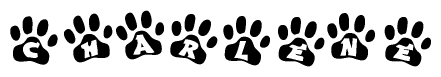 The image shows a series of animal paw prints arranged in a horizontal line. Each paw print contains a letter, and together they spell out the word Charlene.