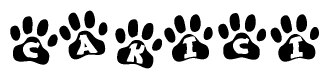 The image shows a series of animal paw prints arranged horizontally. Within each paw print, there's a letter; together they spell Cakici