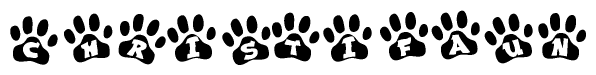 The image shows a series of animal paw prints arranged in a horizontal line. Each paw print contains a letter, and together they spell out the word Christifaun.
