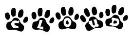 The image shows a row of animal paw prints, each containing a letter. The letters spell out the word Cloud within the paw prints.