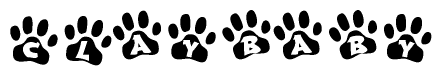 The image shows a series of animal paw prints arranged in a horizontal line. Each paw print contains a letter, and together they spell out the word Claybaby.