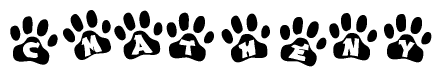 The image shows a series of animal paw prints arranged horizontally. Within each paw print, there's a letter; together they spell Cmatheny