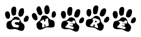 The image shows a row of animal paw prints, each containing a letter. The letters spell out the word Chere within the paw prints.