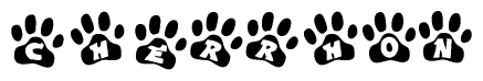 The image shows a series of animal paw prints arranged in a horizontal line. Each paw print contains a letter, and together they spell out the word Cherrhon.