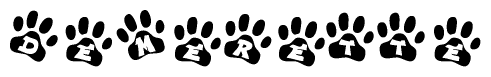 The image shows a row of animal paw prints, each containing a letter. The letters spell out the word Demerette within the paw prints.