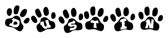 The image shows a series of animal paw prints arranged horizontally. Within each paw print, there's a letter; together they spell Dustin