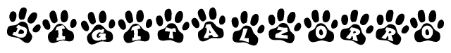 The image shows a series of animal paw prints arranged in a horizontal line. Each paw print contains a letter, and together they spell out the word Digitalzorro.