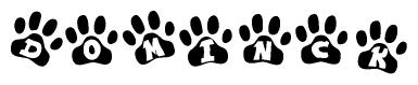The image shows a series of animal paw prints arranged in a horizontal line. Each paw print contains a letter, and together they spell out the word Dominck.