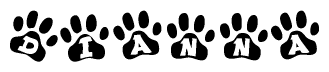 The image shows a row of animal paw prints, each containing a letter. The letters spell out the word Dianna within the paw prints.