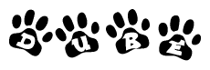The image shows a series of animal paw prints arranged horizontally. Within each paw print, there's a letter; together they spell Dube