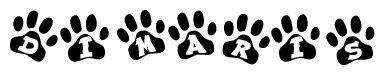 The image shows a series of animal paw prints arranged in a horizontal line. Each paw print contains a letter, and together they spell out the word Dimaris.