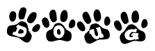 The image shows a series of animal paw prints arranged in a horizontal line. Each paw print contains a letter, and together they spell out the word Doug.