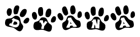 The image shows a series of animal paw prints arranged horizontally. Within each paw print, there's a letter; together they spell Dyana