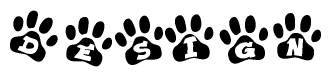 The image shows a series of animal paw prints arranged in a horizontal line. Each paw print contains a letter, and together they spell out the word Design.