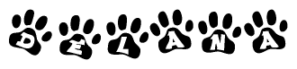 The image shows a series of animal paw prints arranged horizontally. Within each paw print, there's a letter; together they spell Delana