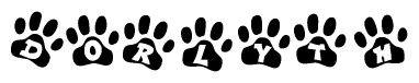 The image shows a series of animal paw prints arranged in a horizontal line. Each paw print contains a letter, and together they spell out the word Dorlyth.