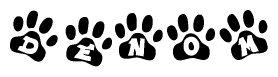 The image shows a series of animal paw prints arranged horizontally. Within each paw print, there's a letter; together they spell Denom