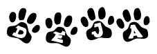 The image shows a series of animal paw prints arranged horizontally. Within each paw print, there's a letter; together they spell Deja
