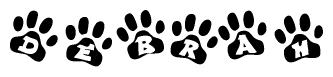 The image shows a series of animal paw prints arranged in a horizontal line. Each paw print contains a letter, and together they spell out the word Debrah.