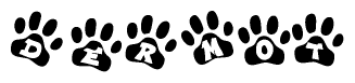The image shows a series of animal paw prints arranged in a horizontal line. Each paw print contains a letter, and together they spell out the word Dermot.