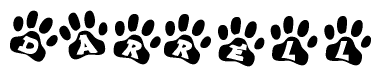 The image shows a series of animal paw prints arranged in a horizontal line. Each paw print contains a letter, and together they spell out the word Darrell.
