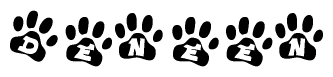The image shows a series of animal paw prints arranged horizontally. Within each paw print, there's a letter; together they spell Deneen