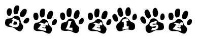 The image shows a series of animal paw prints arranged in a horizontal line. Each paw print contains a letter, and together they spell out the word Deleise.