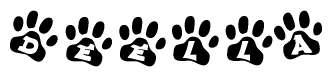 The image shows a series of animal paw prints arranged horizontally. Within each paw print, there's a letter; together they spell Deella