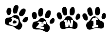 The image shows a row of animal paw prints, each containing a letter. The letters spell out the word Dewi within the paw prints.