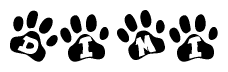 The image shows a series of animal paw prints arranged in a horizontal line. Each paw print contains a letter, and together they spell out the word Dimi.