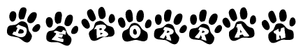 The image shows a series of animal paw prints arranged horizontally. Within each paw print, there's a letter; together they spell Deborrah