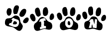 The image shows a series of animal paw prints arranged horizontally. Within each paw print, there's a letter; together they spell Dion