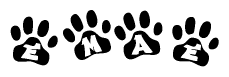The image shows a series of animal paw prints arranged in a horizontal line. Each paw print contains a letter, and together they spell out the word Emae.