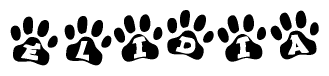 The image shows a series of animal paw prints arranged horizontally. Within each paw print, there's a letter; together they spell Elidia