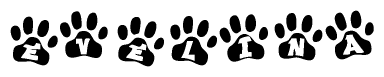 The image shows a row of animal paw prints, each containing a letter. The letters spell out the word Evelina within the paw prints.