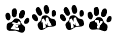 The image shows a series of animal paw prints arranged horizontally. Within each paw print, there's a letter; together they spell Emmy