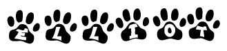 The image shows a row of animal paw prints, each containing a letter. The letters spell out the word Elliot within the paw prints.