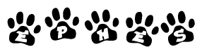 The image shows a row of animal paw prints, each containing a letter. The letters spell out the word Ephes within the paw prints.