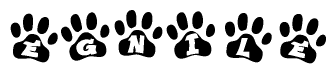 The image shows a series of animal paw prints arranged horizontally. Within each paw print, there's a letter; together they spell Egnile