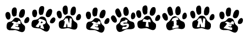 The image shows a series of animal paw prints arranged in a horizontal line. Each paw print contains a letter, and together they spell out the word Ernestine.
