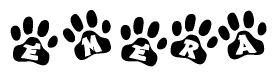 The image shows a series of animal paw prints arranged in a horizontal line. Each paw print contains a letter, and together they spell out the word Emera.