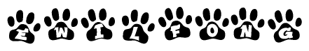 The image shows a series of animal paw prints arranged horizontally. Within each paw print, there's a letter; together they spell Ewilfong