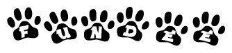 The image shows a series of animal paw prints arranged horizontally. Within each paw print, there's a letter; together they spell Fundee