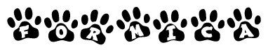 The image shows a series of animal paw prints arranged horizontally. Within each paw print, there's a letter; together they spell Formica